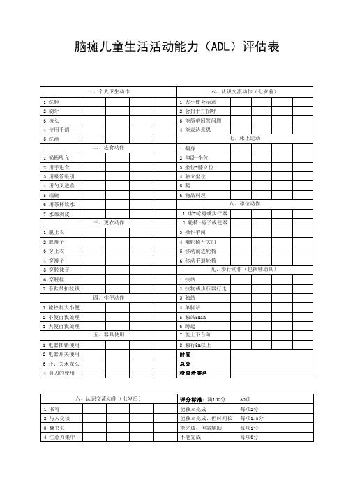 脑瘫儿童生活活动能力(ADL)评估表