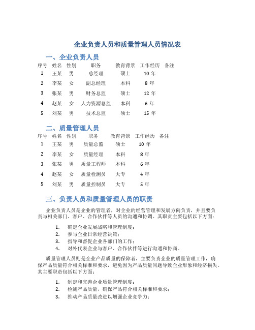 企业负责人员和质量管理人员情况表