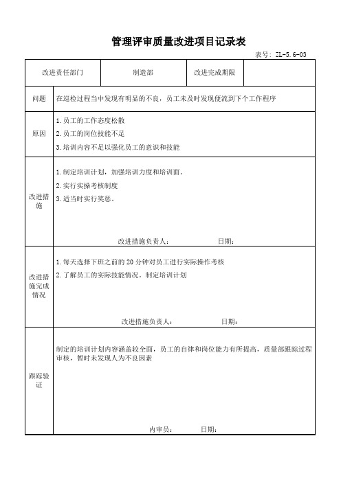 管理评审质量改进项目记录表