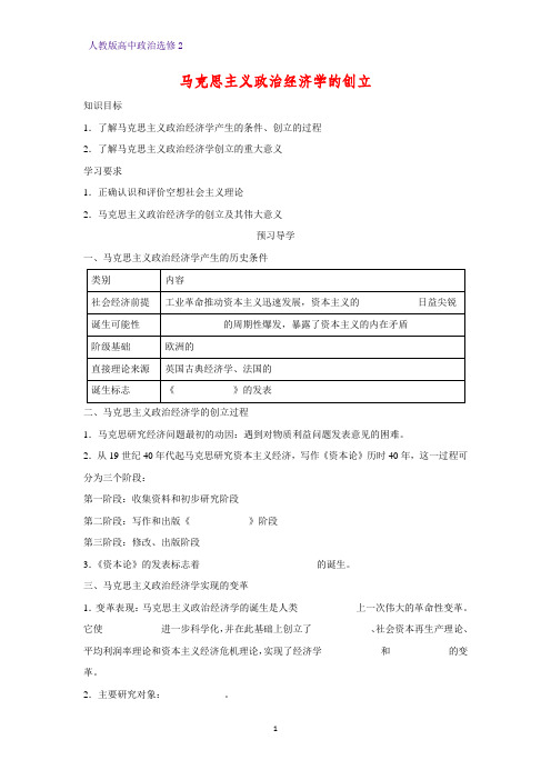 高中政治选修2精品学案4：2.1 马克思主义政治经济学的创立