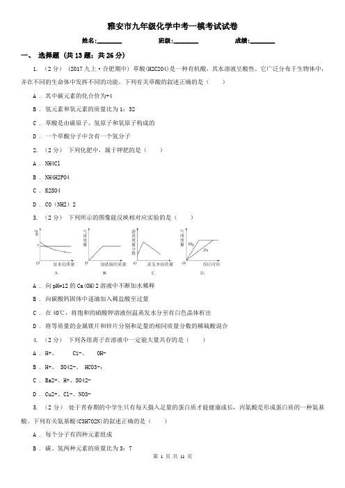 雅安市九年级化学中考一模考试试卷