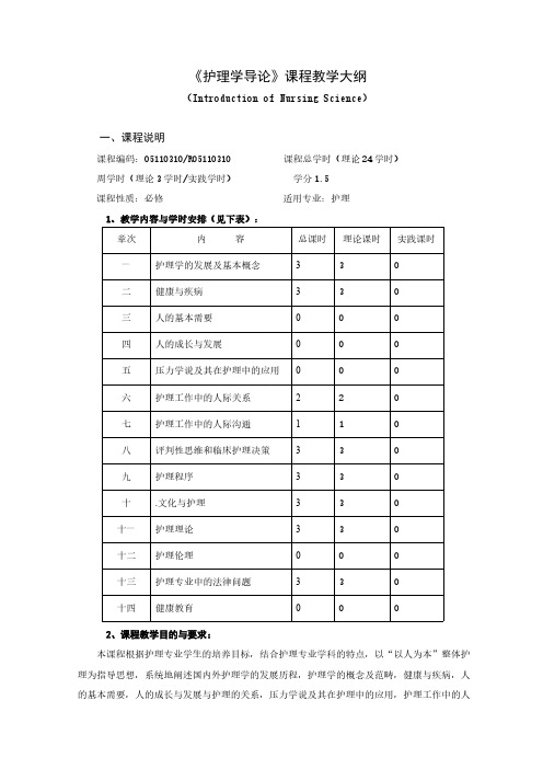 护理学导论大纲-推荐下载