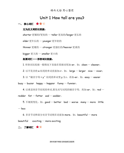 新人教PEP版六年级下册小学英语 Unit 1 单元知识点小结