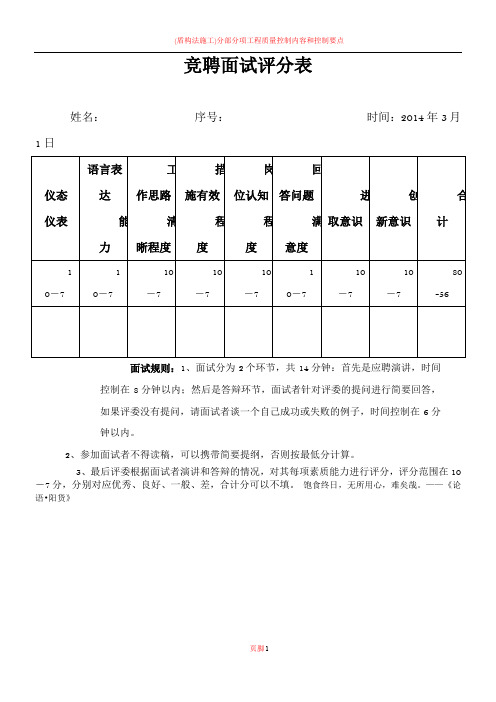 竞聘中层干部岗位面试评分表