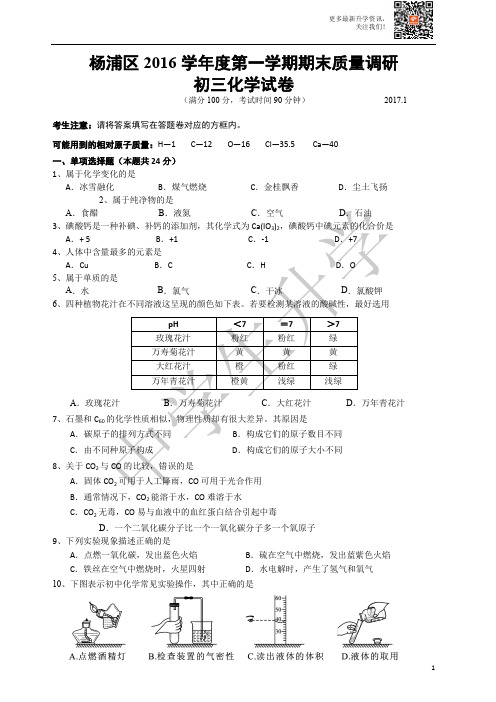 上海市2017杨浦区初三化学一模试卷(含答案)