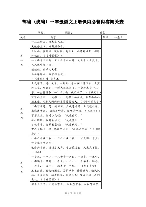 部编(统编)一年级语文上册课内必背内容闯关表