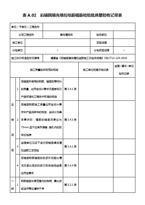 后锚固填充墙拉结筋植筋检验批质量验收记录表