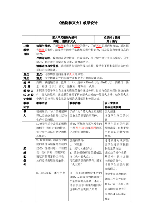 初中化学_燃烧与灭火教学设计学情分析教材分析课后反思