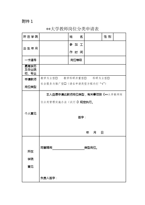 江汉大学教师岗位分类申请表【模板】