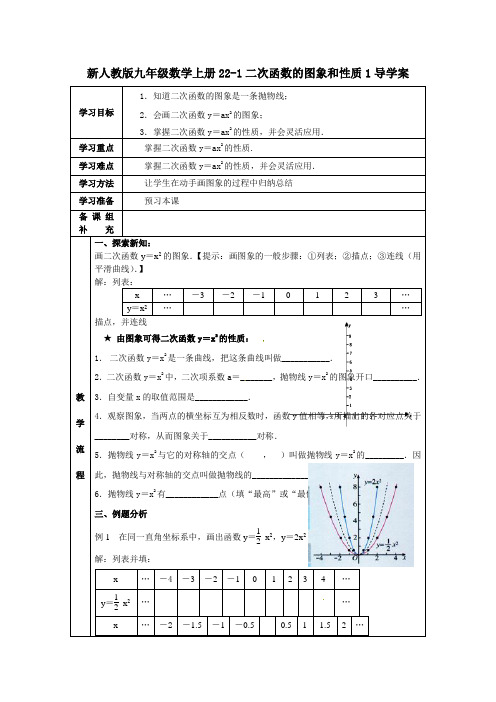 新人教版九年级数学上册22-1二次函数的图象和性质1 导学案(无答案)