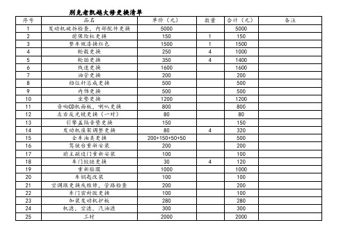 别克凯越大修配件更换清单