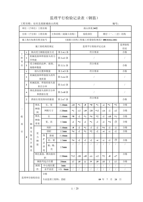 监理平行检验记录表-钢筋