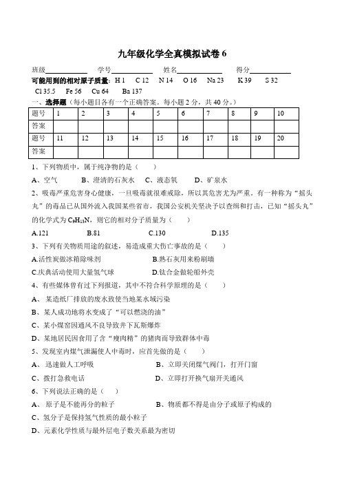 九年级化学全真模拟试卷6