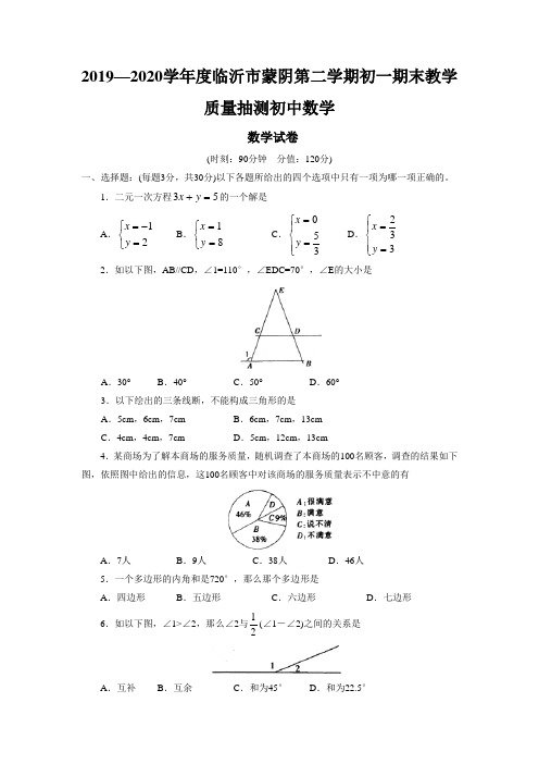 2019—2020学年度临沂市蒙阴第二学期初一期末教学质量抽测初中数学