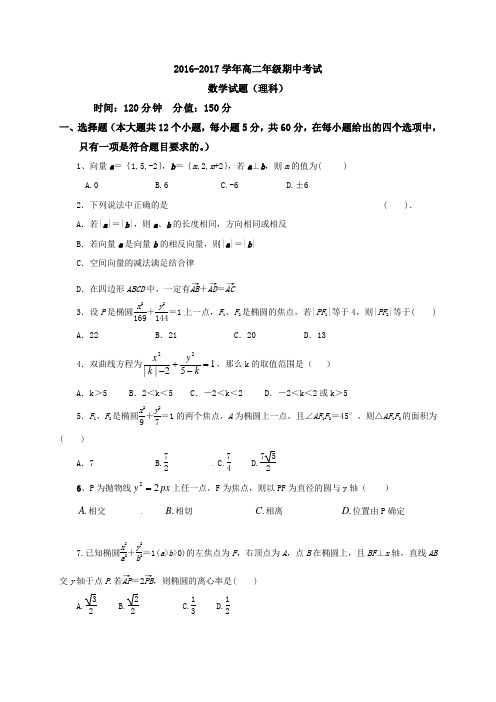 2016-2017年高二数学(理)期中试卷及答案