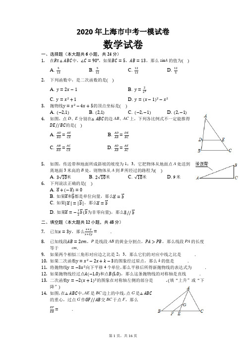 2020年上海市中考数学一模试卷及解析