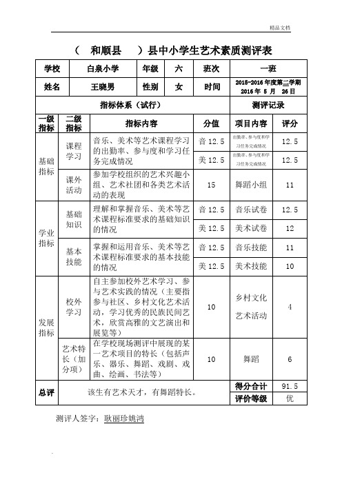 小学生艺术素质测评表