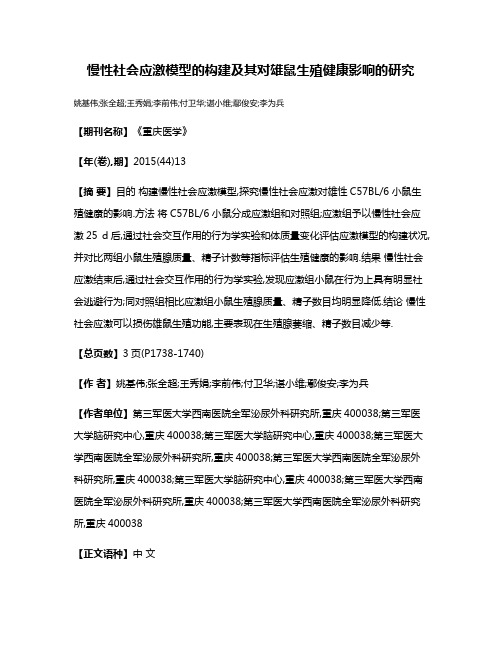 慢性社会应激模型的构建及其对雄鼠生殖健康影响的研究