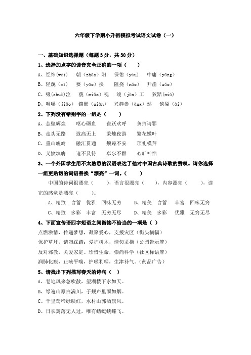 六年级下学期小升初模拟考试语文试卷及答案(共七套)