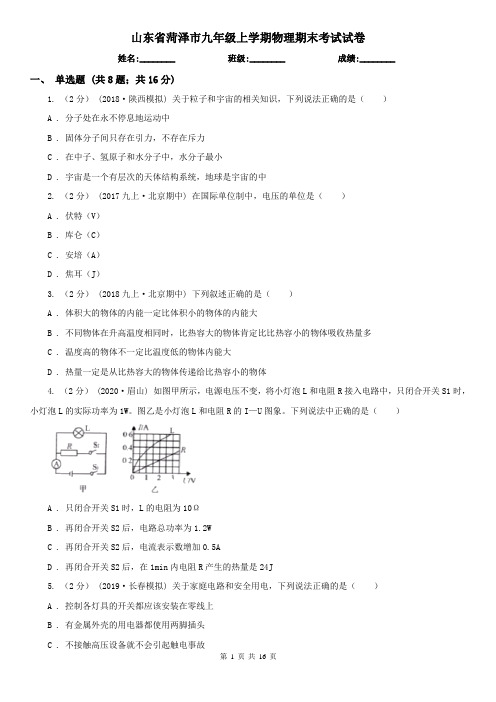 山东省菏泽市九年级上学期物理期末考试试卷