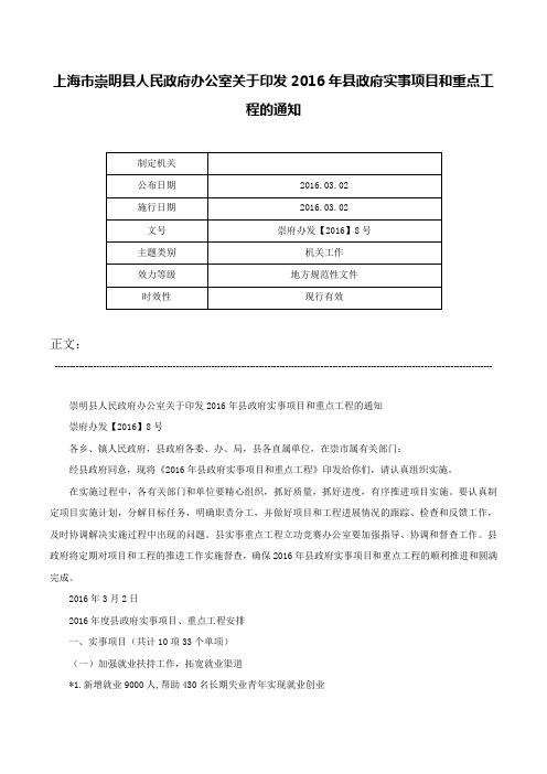 上海市崇明县人民政府办公室关于印发2016年县政府实事项目和重点工程的通知-崇府办发【2016】8号