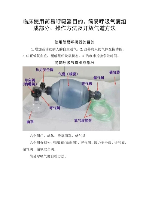 临床使用简易呼吸器目的、简易呼吸气囊组成部分、操作方法及开放气道方法