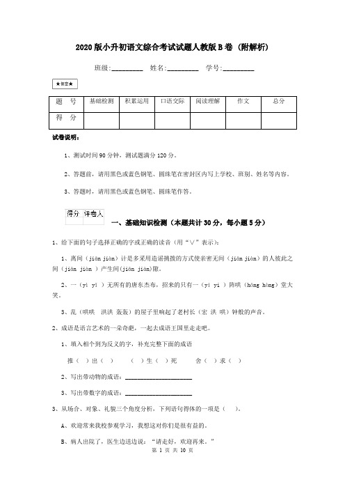 2020版小升初语文综合考试试题人教版B卷 (附解析)