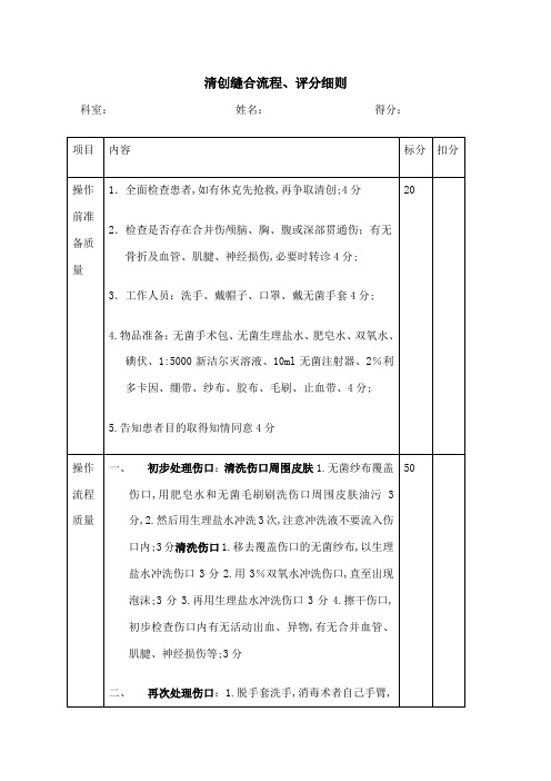 清创缝合流程评分细则