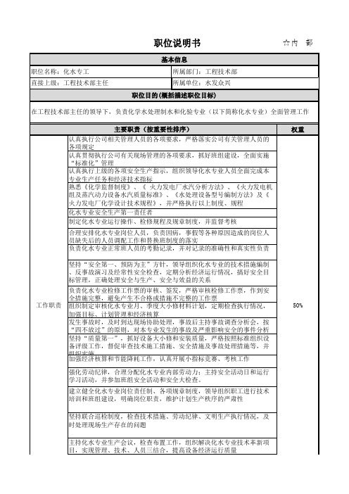 化水专工职位说明书