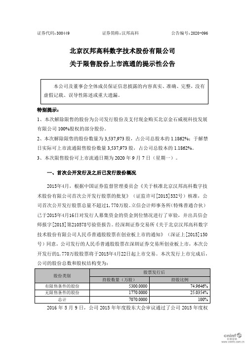 汉邦高科：关于限售股份上市流通的提示性公告