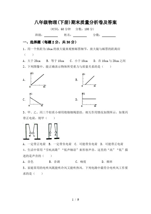 八年级物理(下册)期末质量分析卷及答案