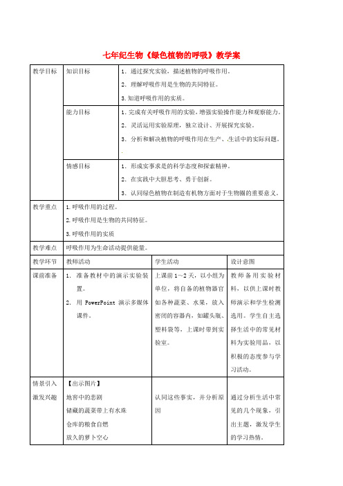 北京课改版-生物-七年级下册-七年纪生物6.2《绿色植物的呼吸》教学案