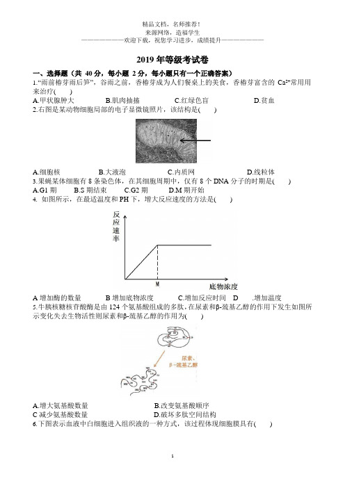 2019年上海市普通高中学业水平等级性考试生命科学试题(含答案)