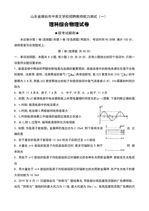 山东省烟台市中英文学校招聘教师能力测试(一)理科综合物理试卷及答案