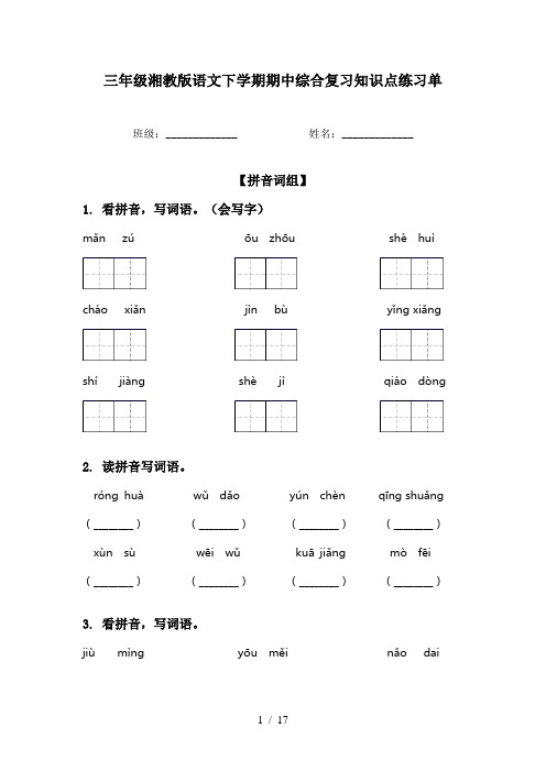 三年级湘教版语文下学期期中综合复习知识点练习单