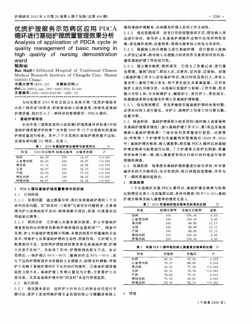 优质护理服务示范病区应用PDCA循环进行基础护理质量管理效果分析