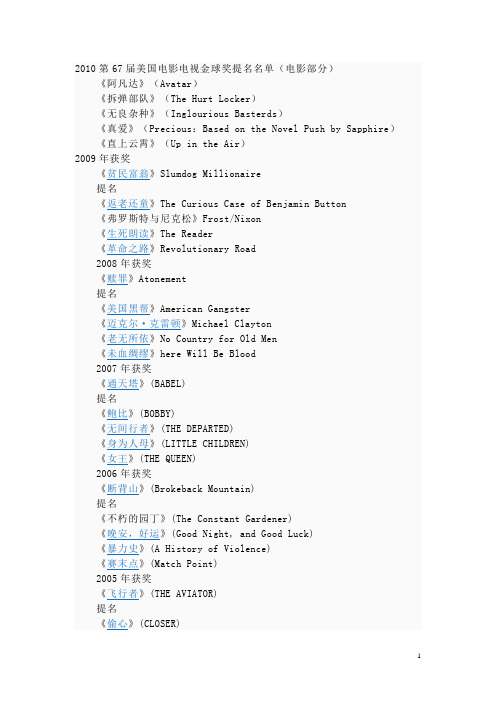 美国电影电视金球奖1944-2010最佳影片及提名资料