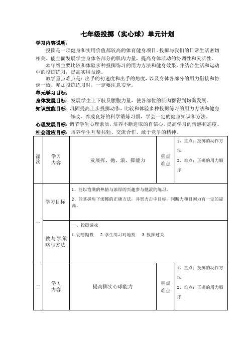 七年级实心球(12课)单元计划