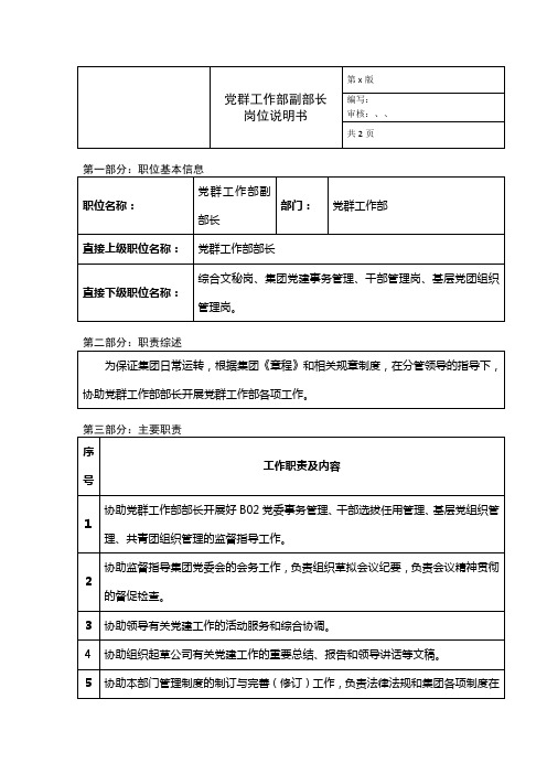 党群工作部副部长岗位说明书