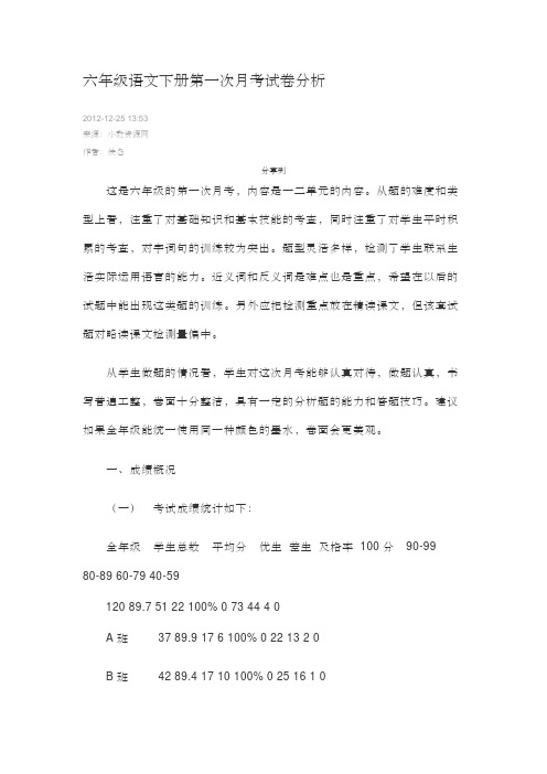 六年级语文下册第一次考试卷分析