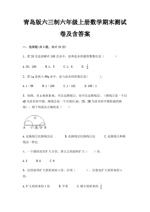 最新青岛版六三制六年级上册数学期末测试卷含答案