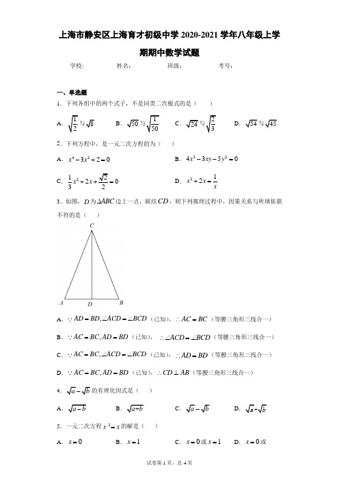 上海市静安区上海育才初级中学2020-2021学年八年级上学期期中数学试题