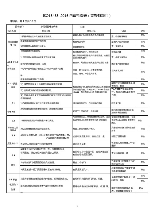 ISO134852016内审检查表完整各部门