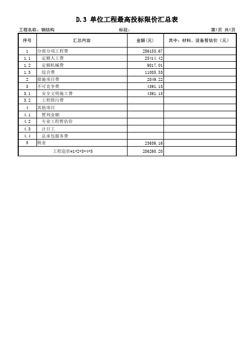 钢结构招标控制价