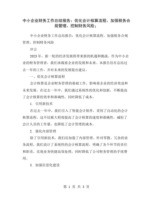 中小企业财务工作总结报告：优化会计核算流程、加强税务合规管理、控制财务风险;