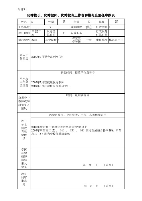 优秀校长、优秀教师、优秀教育工作者和模范班主任申报表