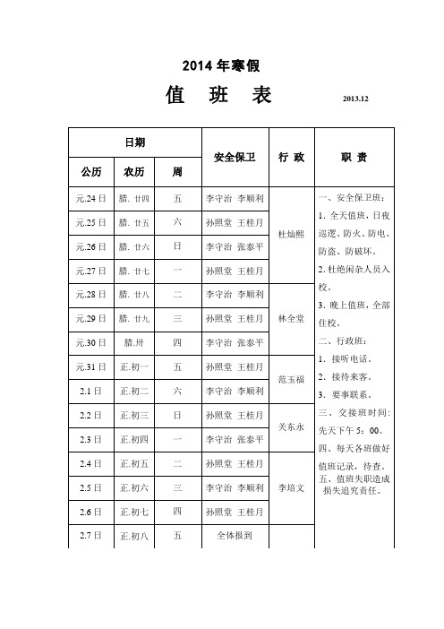 2014年春节值班表