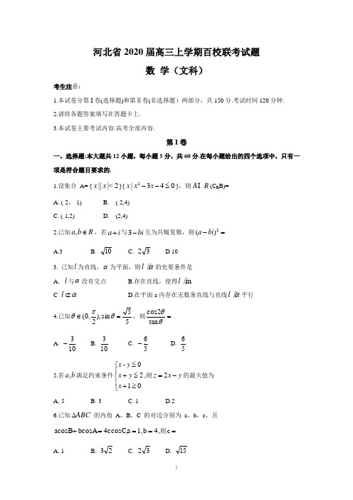 河北省2020届高三上学期百校联考(文数试题)