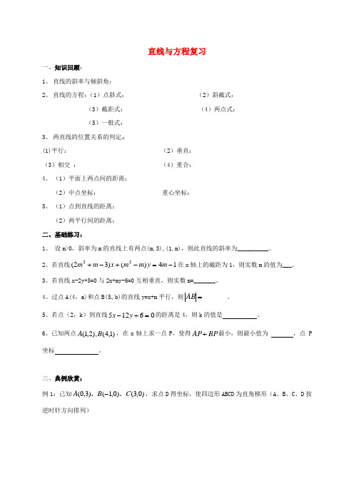 江苏省海门市包场镇高中数学 第三章 直线与方程复习导学案(无答案) 新人教A版必修2