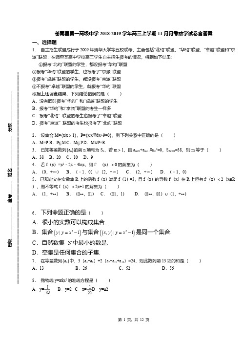 苍南县第一高级中学2018-2019学年高三上学期11月月考数学试卷含答案